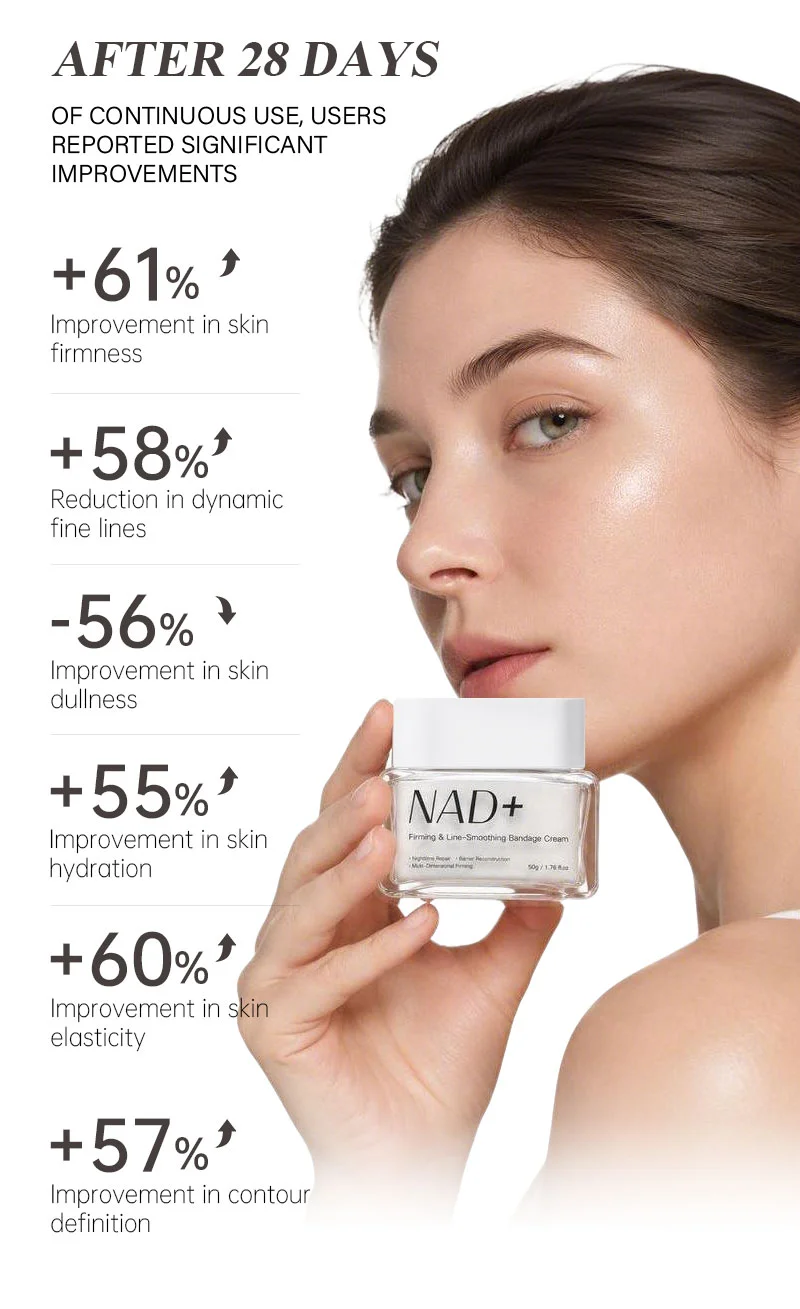 A woman holding a jar of NAD+ skincare cream, showing improved skin results highlighted with percentages after 28 days.